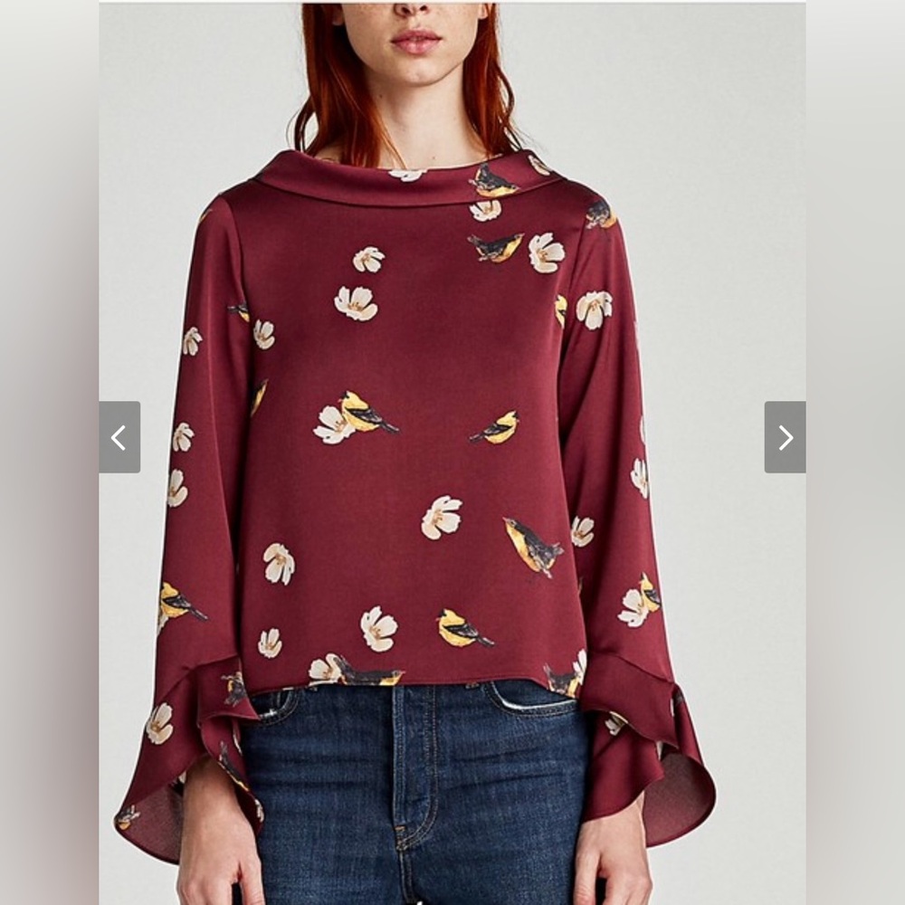 Zara Basic Collection Maroon Bird and Floral Print Top - EUC